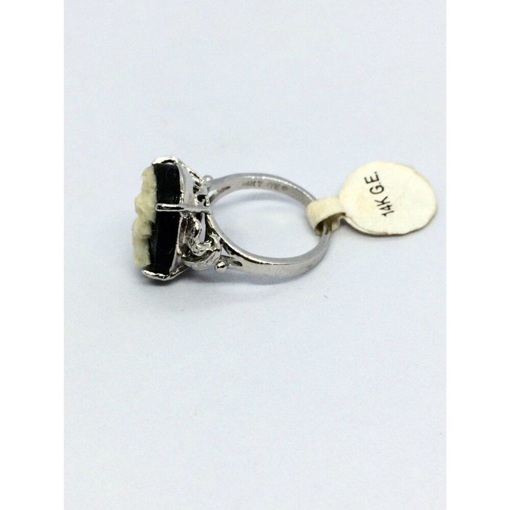Vintage Cameo Ring 14k GE Silver Tone Resin Black Statement Lady 6.75 - Picture 7 of 15